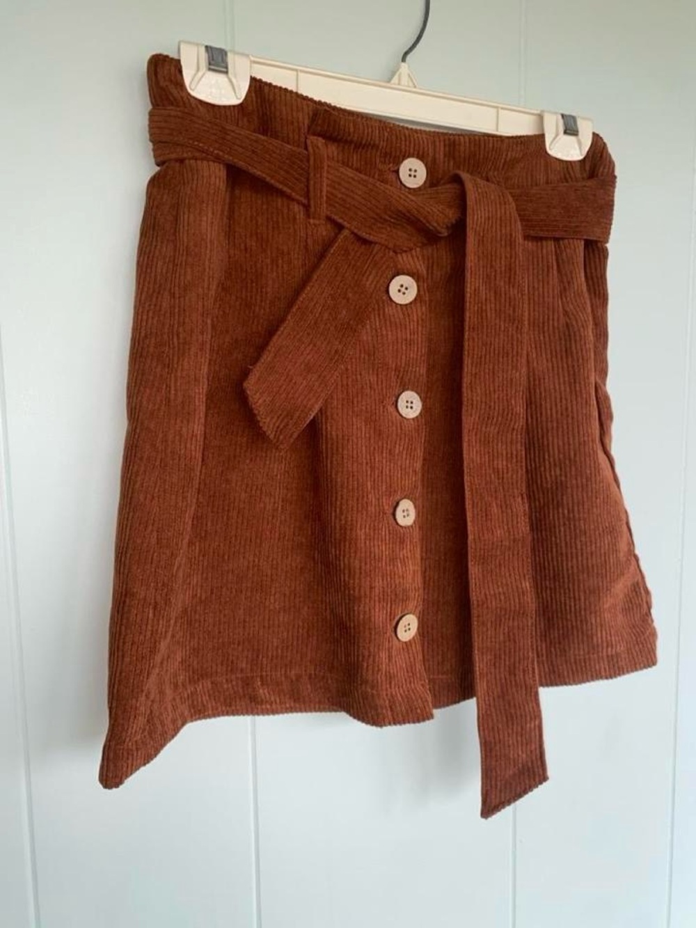 Corduroy Button-Front Mini Skirt with Self Tie - Brown